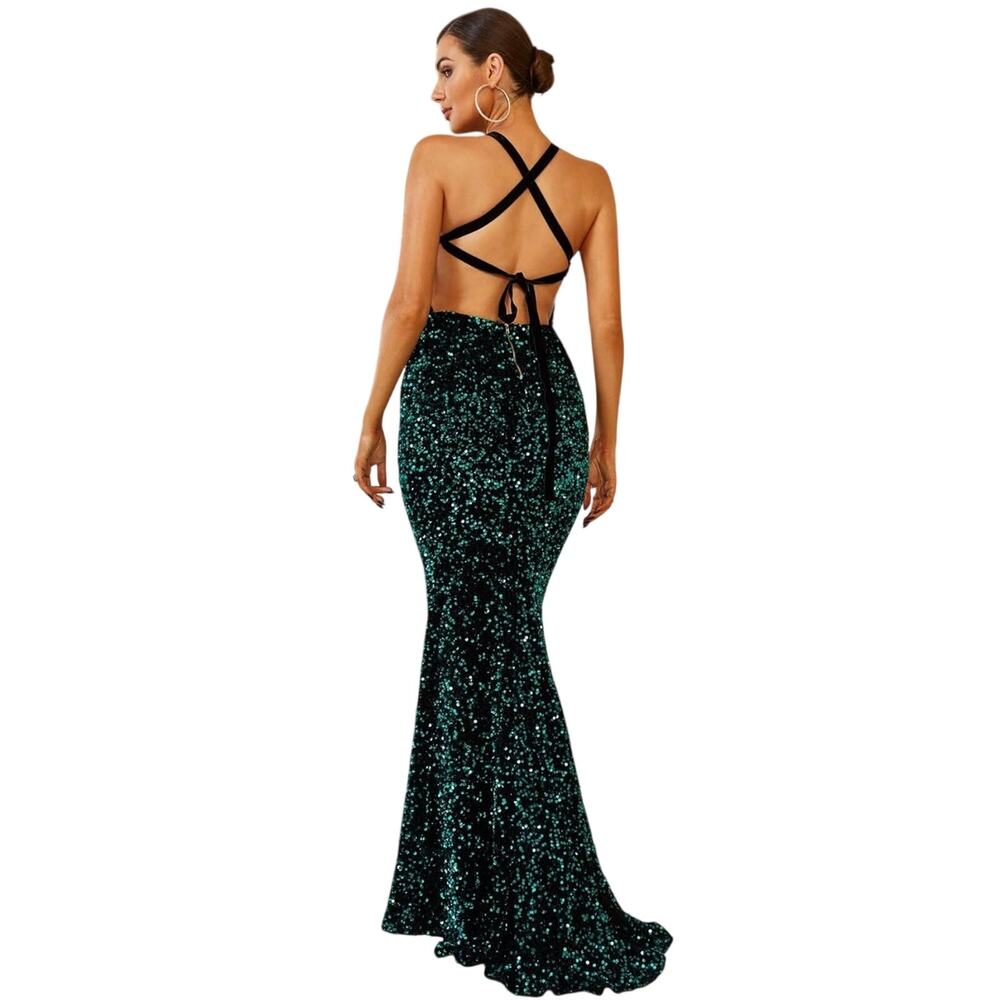 Love & Lemonade Long Evening Gown XS Green Sequin Party Bling Cocktail Event NWT